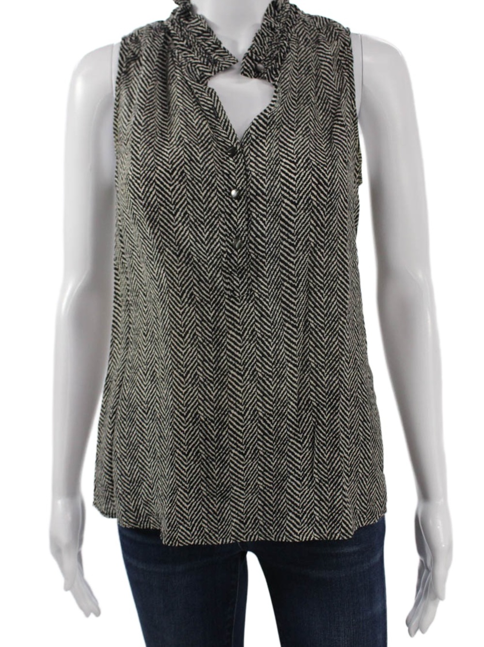 J. Crew Sleeveless V-Neck Herringbone Silk Top - Black & White size 6